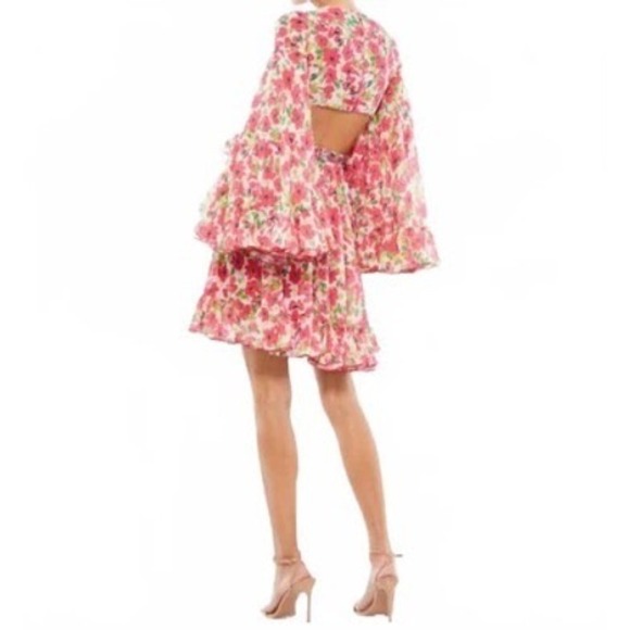 Mac Duggal NEW Floral Print Mini Dress Bell Sleeve Belted Cutout #9158 Size 6 - Picture 3 of 13